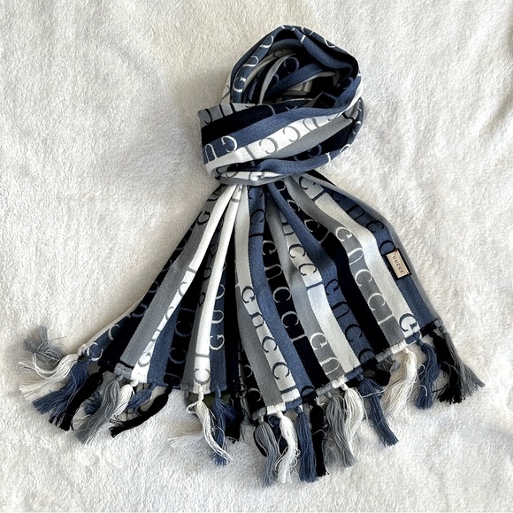 Authentic Gucci Unisex Striped & Signature Wool Scarf Blue Gray White - Picture 2 of 11